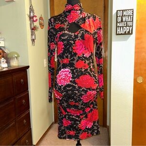 Venus floral mock halter neck long sleeve bodycon ruched midi dress M keyhole
